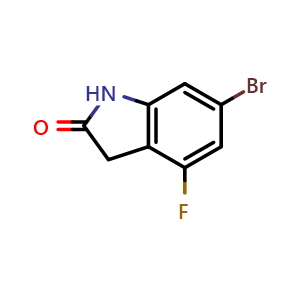 Chemical structure of 6-bromo-4-fluoroindolin-2-one , CAS 1000341-00-3, AChemBlock Q69886
