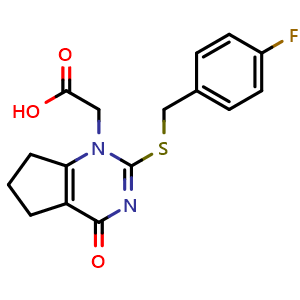 Chemical structure of 2-(2-((4-fluorobenzyl)thio)-4-oxo-4,5,6,7-tetrahydro-1H-cyclopenta[d]pyrimidin-1-yl)acetic acid , CAS 356058-42-9, AChemBlock Q69900