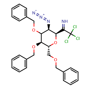 Chemical structure of 1-((2S,3S,5S,6R)-3-azido-4,5-bis(benzyloxy)-6-((benzyloxy)methyl)tetrahydro-2H-pyran-2-yl)-2,2,2-trichloroethan-1-imine , CAS 220688-25-5, AChemBlock Q69969