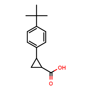 Chemical structure of 2-(4-(tert-butyl)phenyl)cyclopropane-1-carboxylic acid , CAS 445029-32-3, AChemBlock Q69986