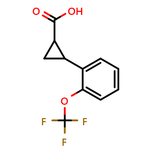 Chemical structure of 2-(2-(trifluoromethoxy)phenyl)cyclopropane-1-carboxylic acid , CAS 1157562-08-7, AChemBlock Q69991