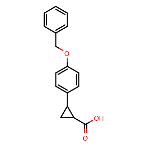 Chemical structure of 2-(4-(benzyloxy)phenyl)cyclopropane-1-carboxylic acid , CAS 1157138-28-7, AChemBlock Q69993