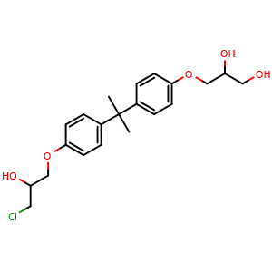 Chemical structure of 3-(4-(2-(4-(3-chloro-2-hydroxypropoxy)phenyl)propan-2-yl)phenoxy)propane-1,2-diol , CAS 227947-06-0, AChemBlock Q70013