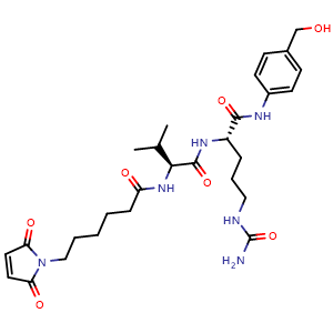 Chemical structure of 6-(2,5-dioxo-2,5-dihydro-1H-pyrrol-1-yl)-N-((S)-1-(((S)-1-((4-(hydroxymethyl)phenyl)amino)-1-oxo-5-ureidopentan-2-yl)amino)-3-methyl-1-oxobutan-2-yl)hexanamide , CAS 159857-80-4, AChemBlock Q70024