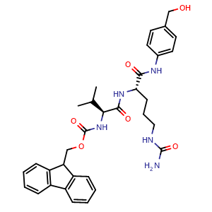 Chemical structure of (9H-fluoren-9-yl)methyl ((S)-1-(((S)-1-((4-(hydroxymethyl)phenyl)amino)-1-oxo-5-ureidopentan-2-yl)amino)-3-methyl-1-oxobutan-2-yl)carbamate , CAS 159858-22-7, AChemBlock Q70025