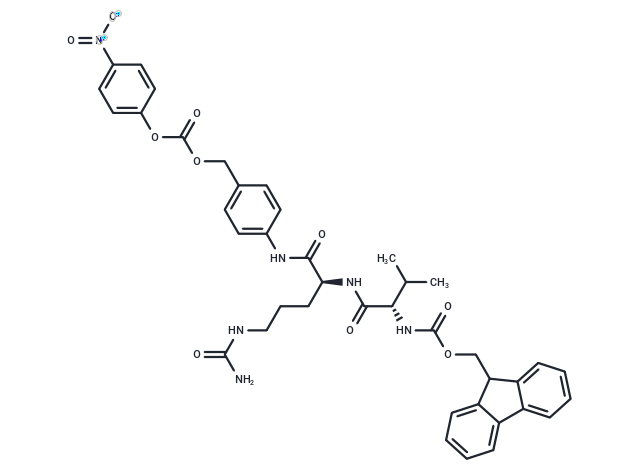 Chemical structure of (9H-fluoren-9-yl)methyl ((S)-1-(((S)-1-amino-1-oxo-5-ureidopentan-2-yl)(4-((((4-nitrophenoxy)carbonyl)oxy)methyl)phenyl)amino)-3-methyl-1-oxobutan-2-yl)carbamate , CAS 863971-53-3, AChemBlock Q70026