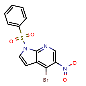 Chemical structure of 4-bromo-5-nitro-1-(phenylsulfonyl)-1H-pyrrolo[2,3-b]pyridine , CAS 1245646-53-0, AChemBlock Q70060