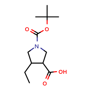Chemical structure of 1-(tert-butoxycarbonyl)-4-ethylpyrrolidine-3-carboxylic acid , CAS 1779899-46-5, AChemBlock Q70067