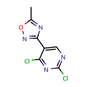 Chemical structure of 3-(2,4-dichloropyrimidin-5-yl)-5-methyl-1,2,4-oxadiazole , CAS 864654-99-9, AChemBlock Q70094