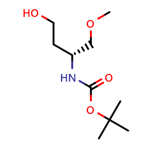 Chemical structure of tert-butyl (R)-(4-hydroxy-1-methoxybutan-2-yl)carbamate , CAS 2287346-31-8, AChemBlock Q70147