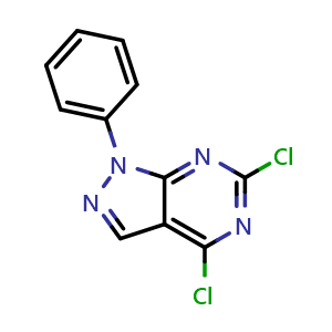 Chemical structure of 4,6-dichloro-1-phenyl-1H-pyrazolo[3,4-d]pyrimidine , CAS 99971-84-3, AChemBlock S70266