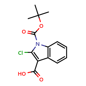 Chemical structure of 1-(tert-butoxycarbonyl)-2-chloro-1H-indole-3-carboxylic acid , CAS 721443-57-8, AChemBlock S70279