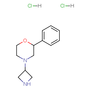 Chemical structure of 4-(3-Azetidinyl)-2-phenyl-morpholine dihydrochloride , CAS 764626-32-6, AChemBlock S70307