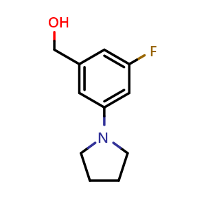 Chemical structure of [3-Fluoro-5-(pyrrolidin-1-yl)phenyl]methanol , CAS 1690605-39-0, AChemBlock S70530