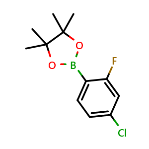 Chemical structure of 2-(4-Chloro-2-fluorophenyl)-4,4,5,5-tetramethyl-1,3,2-dioxaborolane , CAS 765917-27-9, AChemBlock S70615