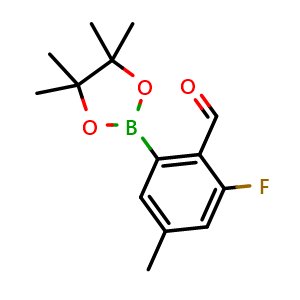 Chemical structure of 2-fluoro-4-methyl-6-(4,4,5,5-tetramethyl-1,3,2-dioxaborolan-2-yl)benzaldehyde , AChemBlock S70768