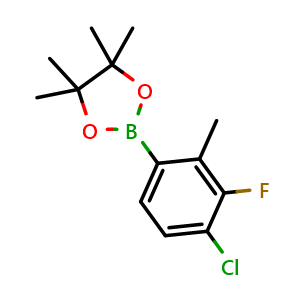 Chemical structure of 2-(4-chloro-3-fluoro-2-methylphenyl)-4,4,5,5-tetramethyl-1,3,2-dioxaborolane , CAS 1680200-54-7, AChemBlock S70792