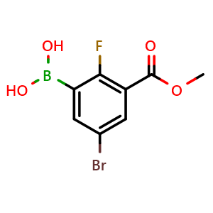 Chemical structure of 5-Bromo-2-fluoro-3-methoxycarbonylphenylboronic acid , CAS 2377612-08-1, AChemBlock S70804