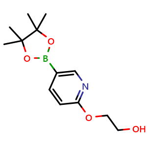 Chemical structure of 2-((5-(4,4,5,5-tetramethyl-1,3,2-dioxaborolan-2-yl)pyridin-2-yl)oxy)ethan-1-ol , CAS 1339926-59-8, AChemBlock S70839