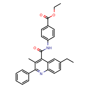 Chemical structure of Benzoic acid, 4-[[(6-ethyl-3-methyl-2-phenyl-4-quinolinyl)carbonyl]amino]-, ethyl ester , CAS 885566-53-0, AChemBlock S70974