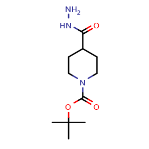 Chemical structure of 1-(tert-Butoxycarbonyl)piperidine-4-carbohydrazide , CAS 187834-88-4, AChemBlock S71587