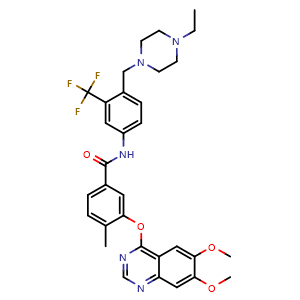 Chemical structure of 3-(6,7-dimethoxyquinazolin-4-yloxy)-N-(4-((4-ethylpiperazin-1-yl)methyl)-3-(trifluoromethyl)phenyl)-4-methylbenzamide , CAS 1315330-17-6, AChemBlock S71745