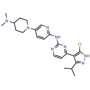 Chemical structure of 4-(5-chloro-3-isopropyl-1H-pyrazol-4-yl)-N-(5-(4-(dimethylamino)piperidin-1-yl)pyridin-2-yl)pyrimidin-2-amine , CAS 1256963-02-6, AChemBlock S72322