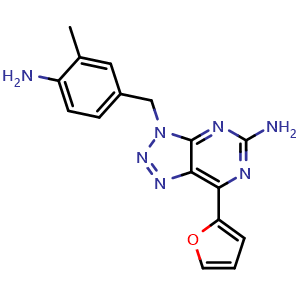 Chemical structure of 3-(4-amino-3-methylbenzyl)-7-(furan-2-yl)-3H-[1,2,3]triazolo[4,5-d]pyrimidin-5-amine , CAS 442908-10-3, AChemBlock S72360