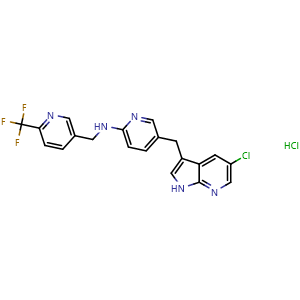 Chemical structure of 5-((5-chloro-1H-pyrrolo[2,3-b]pyridin-3-yl)methyl)-N-((6-(trifluoromethyl)pyridin-3-yl)methyl)pyridin-2-amine hydrochloride , CAS 2040295-03-0, AChemBlock S72391