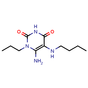 Chemical structure of 6-amino-5-(butylamino)-1-propyl-1,2,3,4-tetrahydropyrimidine-2,4-dione , CAS 99991-93-2, AChemBlock S72453