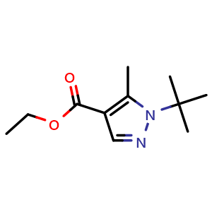 Chemical structure of ethyl 1-tert-butyl-5-methyl-1H-pyrazole-4-carboxylate , CAS 98477-08-8, AChemBlock S72501