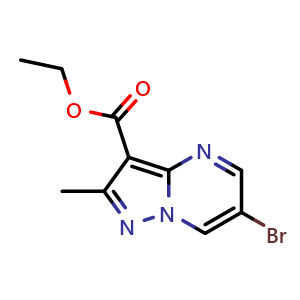 Chemical structure of ethyl 6-bromo-2-methylpyrazolo[1,5-a]pyrimidine-3-carboxylate , CAS 96319-36-7, AChemBlock S72539
