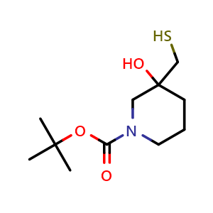 Chemical structure of tert-butyl 3-hydroxy-3-(sulfanylmethyl)piperidine-1-carboxylate , CAS 959701-68-9, AChemBlock S72550