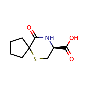 Chemical structure of (8S)-10-oxo-6-thia-9-azaspiro[4.5]decane-8-carboxylic acid , CAS 957012-93-0, AChemBlock S72595