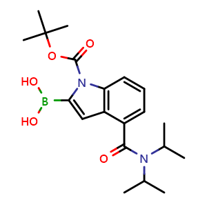 Chemical structure of [4-[di(propan-2-yl)carbamoyl]-1-[(2-methylpropan-2-yl)oxycarbonyl]indol-2-yl]boronic acid , CAS 953411-04-6, AChemBlock S72643