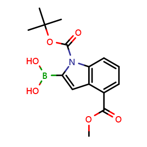 Chemical structure of 2-borono-1H-indole-1,4-dicarboxylic acid-1-(1,1-dimethylethyl) 4-methyl ester , CAS 953411-03-5, AChemBlock S72644