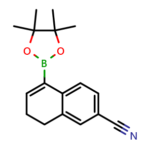 Chemical structure of 5-(tetramethyl-1,3,2-dioxaborolan-2-yl)-7,8-dihydronaphthalene-2-carbonitrile , CAS 952675-93-3, AChemBlock S72648