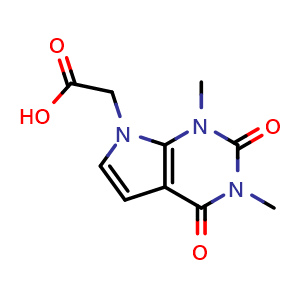 Chemical structure of 2-{1,3-dimethyl-2,4-dioxo-1H,2H,3H,4H,7H-pyrrolo[2,3-d]pyrimidin-7-yl}acetic acid , CAS 950259-70-8, AChemBlock S72666