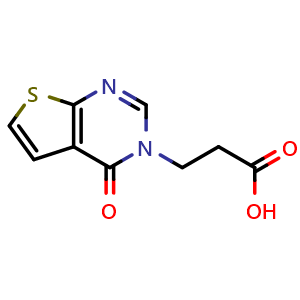 Chemical structure of 3-{4-oxo-3H,4H-thieno[2,3-d]pyrimidin-3-yl}propanoic acid , CAS 950029-05-7, AChemBlock S72667