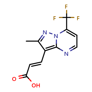 Chemical structure of 3-[2-methyl-7-(trifluoromethyl)pyrazolo[1,5-a]pyrimidin-3-yl]prop-2-enoic acid , CAS 949766-17-0, AChemBlock S72669