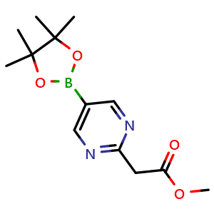 Chemical structure of methyl 2-[5-(tetramethyl-1,3,2-dioxaborolan-2-yl)pyrimidin-2-yl]acetate , CAS 948594-81-8, AChemBlock S72678