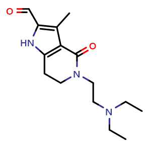 Chemical structure of 5-[2-(diethylamino)ethyl]-3-methyl-4-oxo-1H,4H,5H,6H,7H-pyrrolo[3,2-c]pyridine-2-carbaldehyde , CAS 945381-61-3, AChemBlock S72711