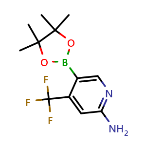 Chemical structure of 5-(tetramethyl-1,3,2-dioxaborolan-2-yl)-4-(trifluoromethyl)pyridin-2-amine , CAS 944401-57-4, AChemBlock S72751