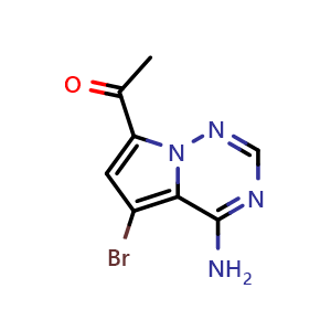Chemical structure of 1-{4-amino-5-bromopyrrolo[2,1-f][1,2,4]triazin-7-yl}ethan-1-one , CAS 939968-15-7, AChemBlock S72787
