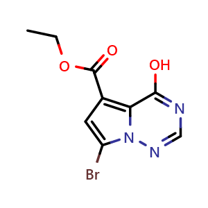 Chemical structure of ethyl 7-bromo-4-hydroxypyrrolo[2,1-f][1,2,4]triazine-5-carboxylate , CAS 938192-22-4, AChemBlock S72801