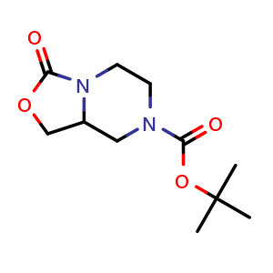 Chemical structure of tert-butyl 3-oxo-hexahydro-1H-[1,3]oxazolo[3,4-a]pyrazine-7-carboxylate , CAS 935544-47-1, AChemBlock S72848