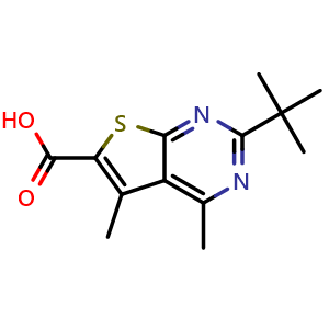 Chemical structure of 2-tert-butyl-4,5-dimethylthieno[2,3-d]pyrimidine-6-carboxylic acid , CAS 929975-00-8, AChemBlock S72932