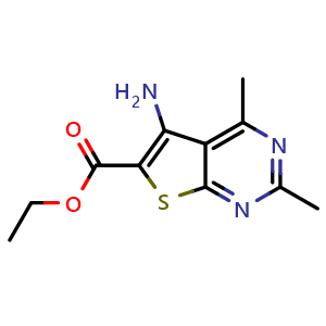 Chemical structure of ethyl 5-amino-2,4-dimethylthieno[2,3-d]pyrimidine-6-carboxylate , CAS 929974-92-5, AChemBlock S72933