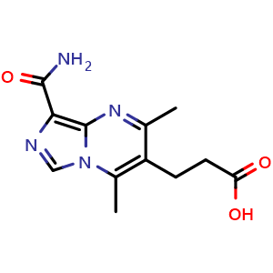 Chemical structure of 3-{8-carbamoyl-2,4-dimethylimidazo[1,5-a]pyrimidin-3-yl}propanoic acid , CAS 923727-79-1, AChemBlock S72995