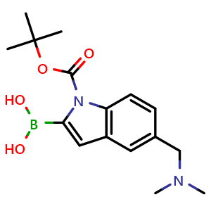 Chemical structure of 2-borono-5-[(dimethylamino)methyl]-1H-indole-1-carboxylic acid-1-(1,1-dimethylethyl) ester , CAS 913388-74-6, AChemBlock S73105